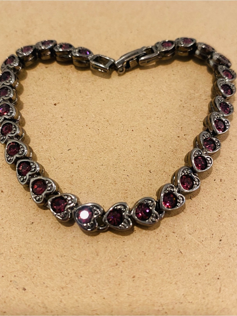 Red Rhinestone Heart Chain Bracelet Antiqued Silvertone Gunmetal Gothic Romance